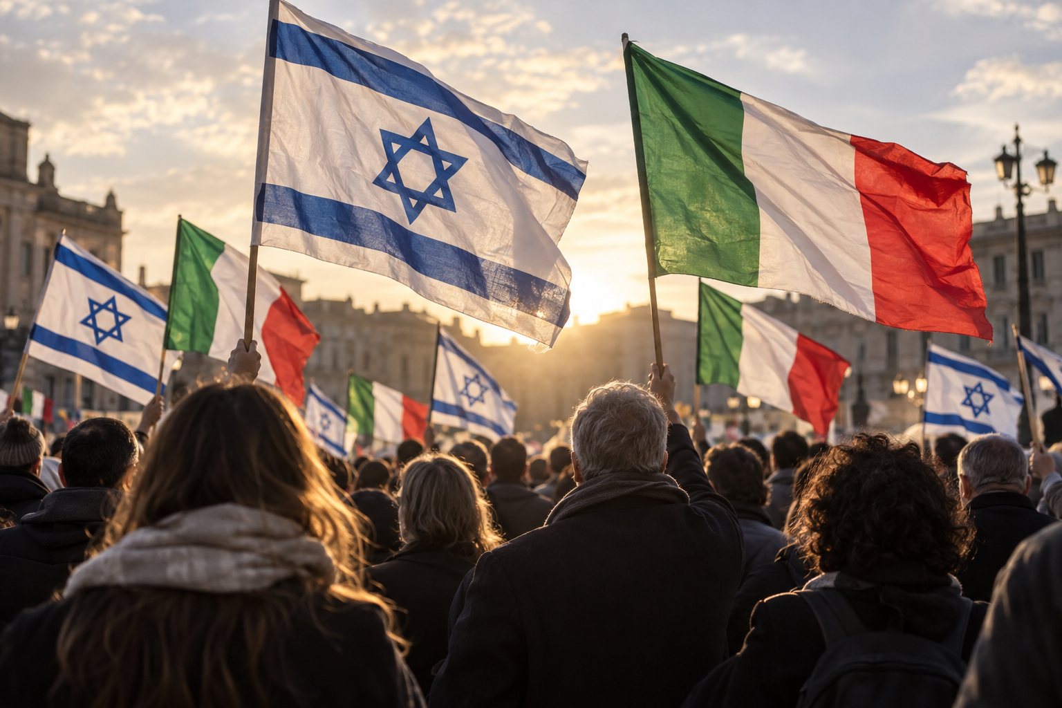 Illustrazione generata con AI: manifestanti sventolano bandiere italiane e israeliane